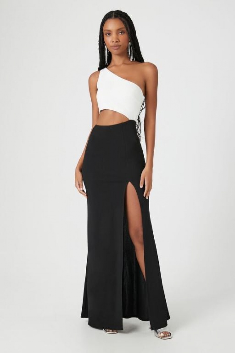 Vestido Forever 21 Satin One Shoulder Colorblock Maxi Mujer Blancas Negras | zFNRG8VDBzY