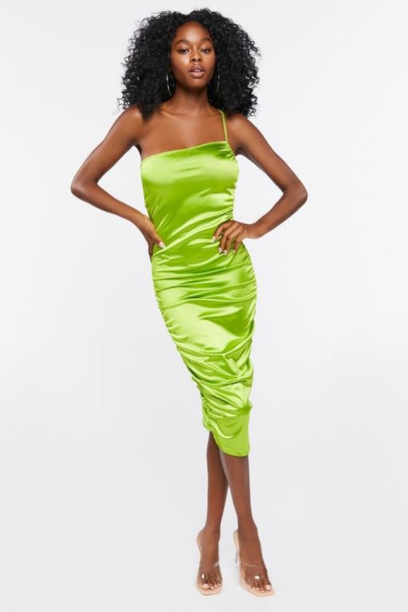 Vestido Forever 21 Satin One Shoulder Midi Mujer Verde | TbPZ1jfgpqL