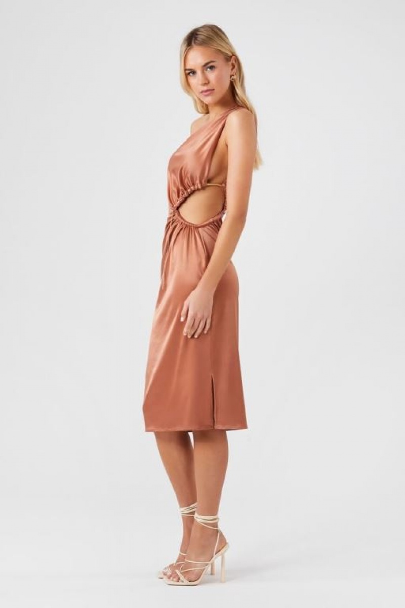 Vestido Forever 21 Satin One Shoulder Midi Mujer Beige | mB2EY4mmtqT