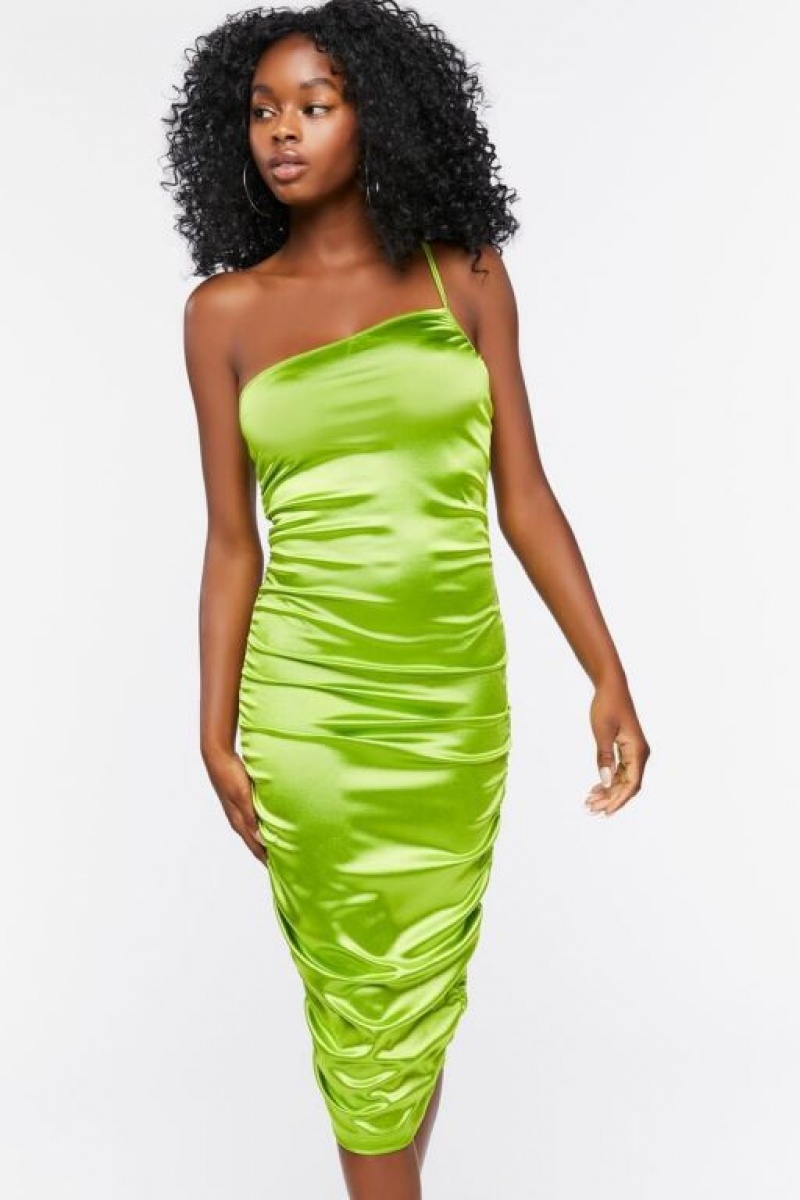 Vestido Forever 21 Satin One Shoulder Midi Mujer Verde | Q2UUtu83Pdr