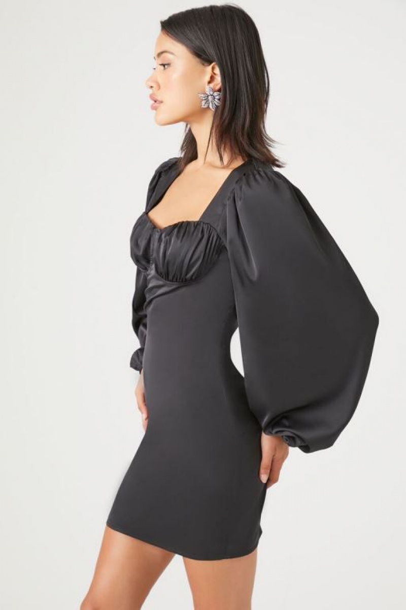 Vestido Forever 21 Satin Peasant Sleeve Mini Mujer Negras | 7sN2wiXGvqo