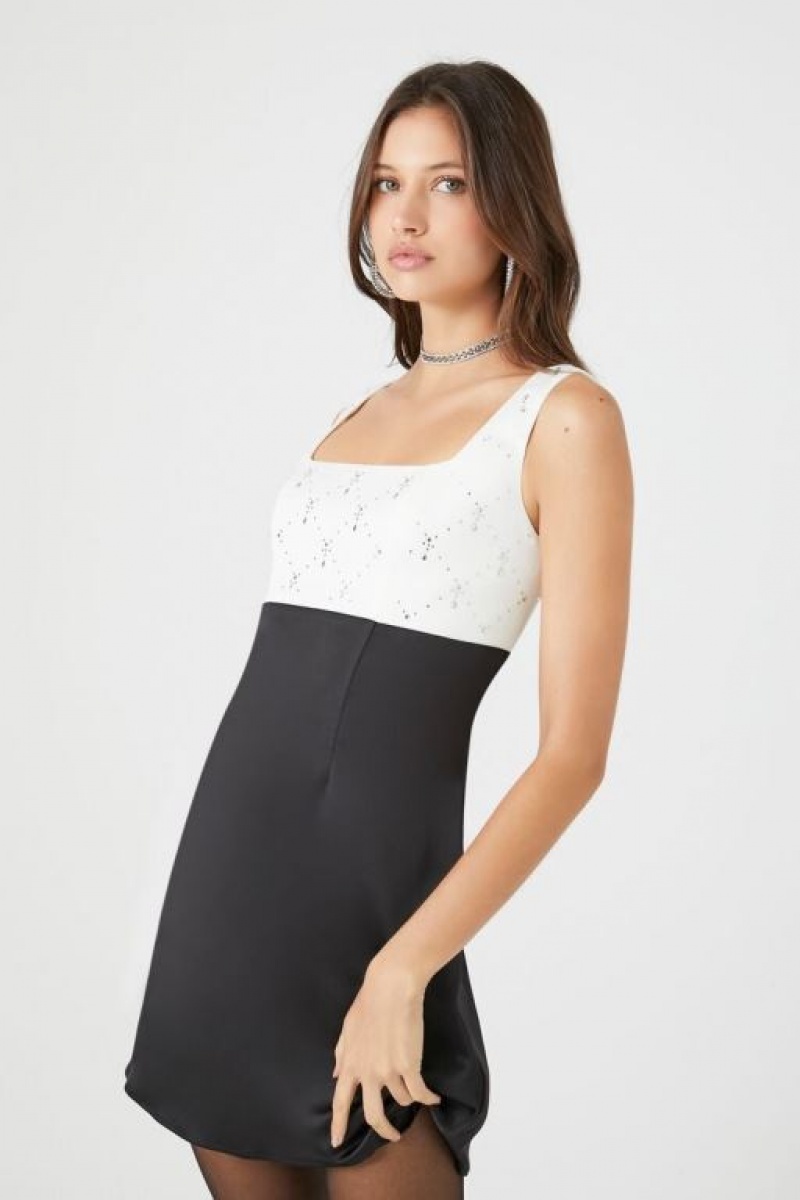 Vestido Forever 21 Satin Rhinestone Colorblock Mini Mujer Negras Blancas | VUclJqYXv0j