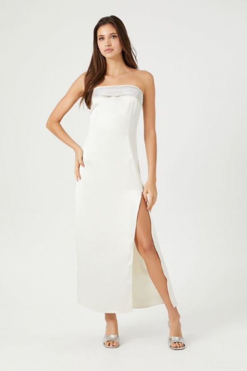 Vestido Forever 21 Satin Rhinestone Maxi Slip Mujer Blancas Plateadas | YGFyWMtbHJh