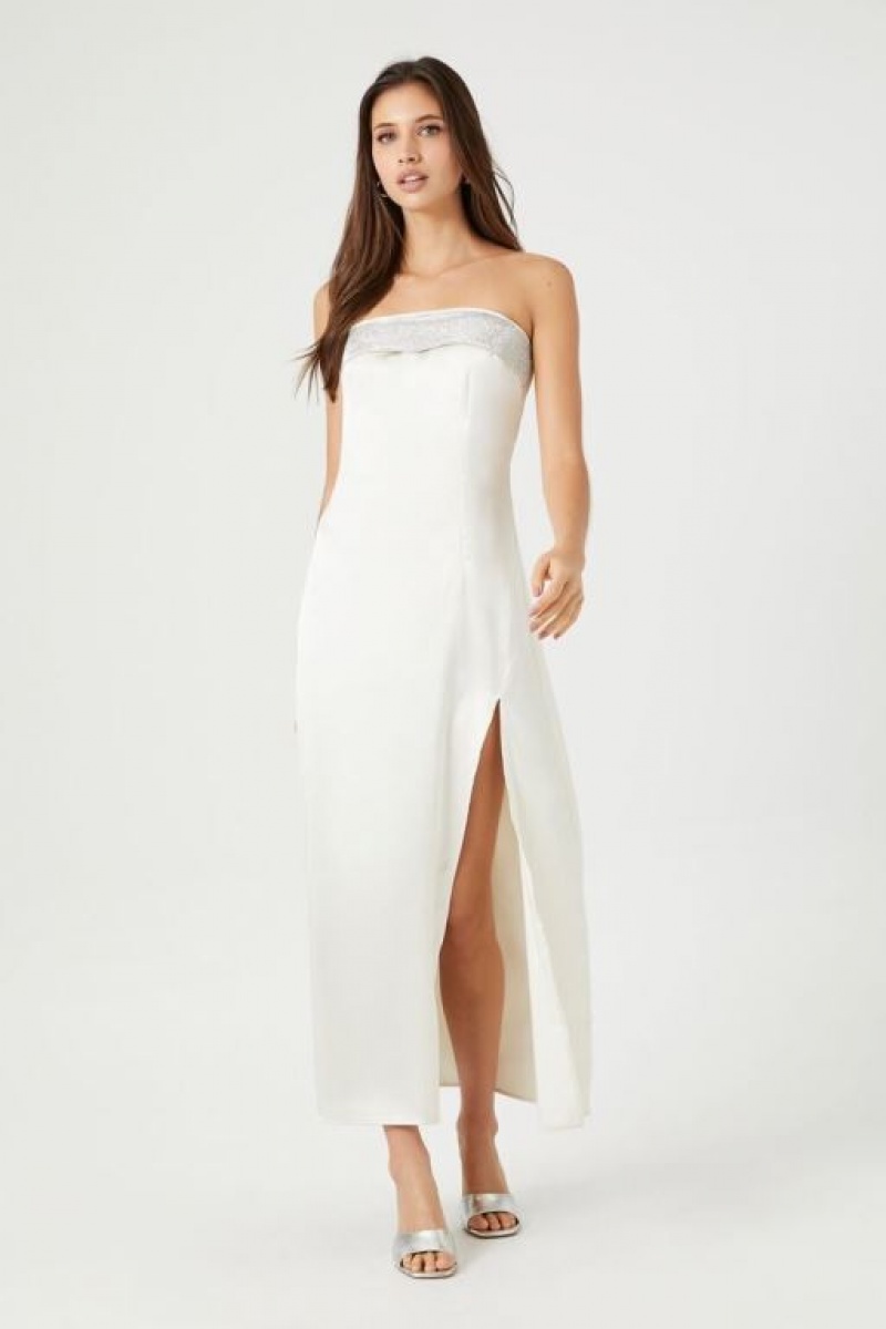 Vestido Forever 21 Satin Rhinestone Maxi Slip Mujer Blancas Plateadas | YGFyWMtbHJh