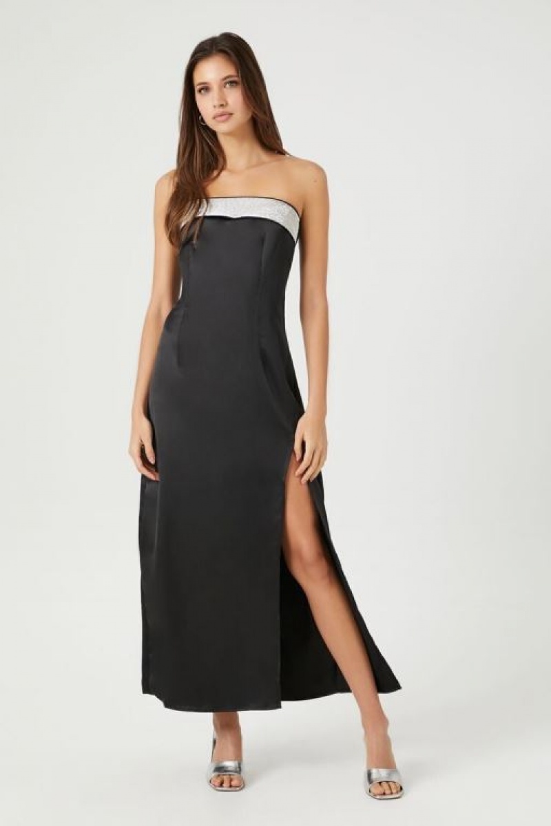 Vestido Forever 21 Satin Rhinestone Maxi Slip Mujer Negras Plateadas | TTJjMxBYbOT