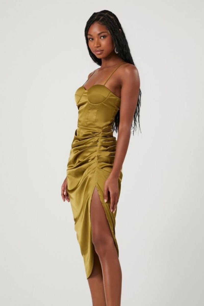 Vestido Forever 21 Satin Ruched Bustier Midi Mujer Verde Oliva Claro | dkga9BzqAnt