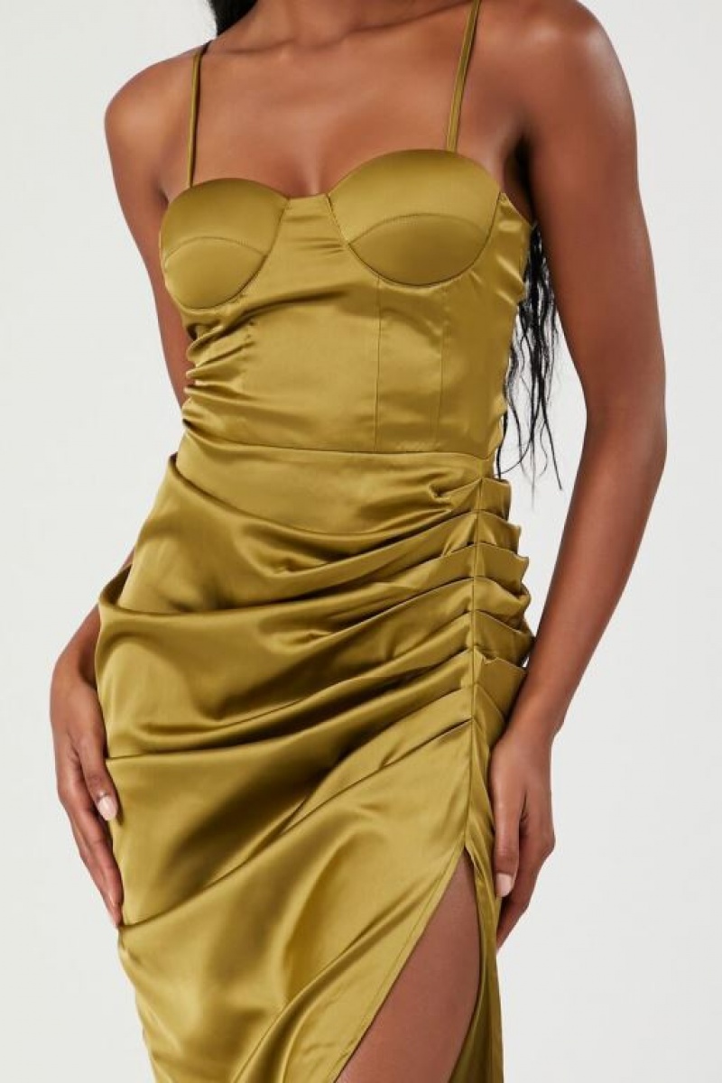 Vestido Forever 21 Satin Ruched Bustier Midi Mujer Verde Oliva Claro | dkga9BzqAnt