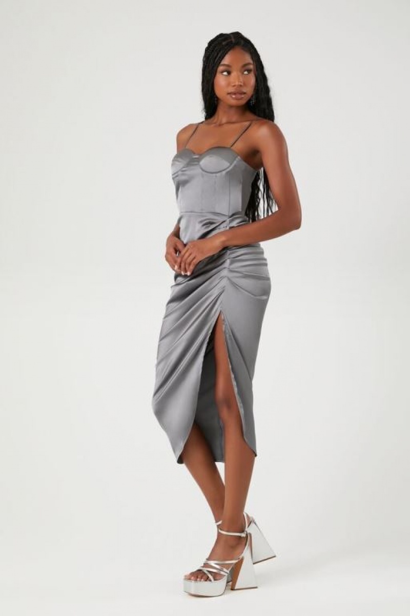 Vestido Forever 21 Satin Ruched Bustier Midi Mujer Gris | Uh2BSXRIs9D