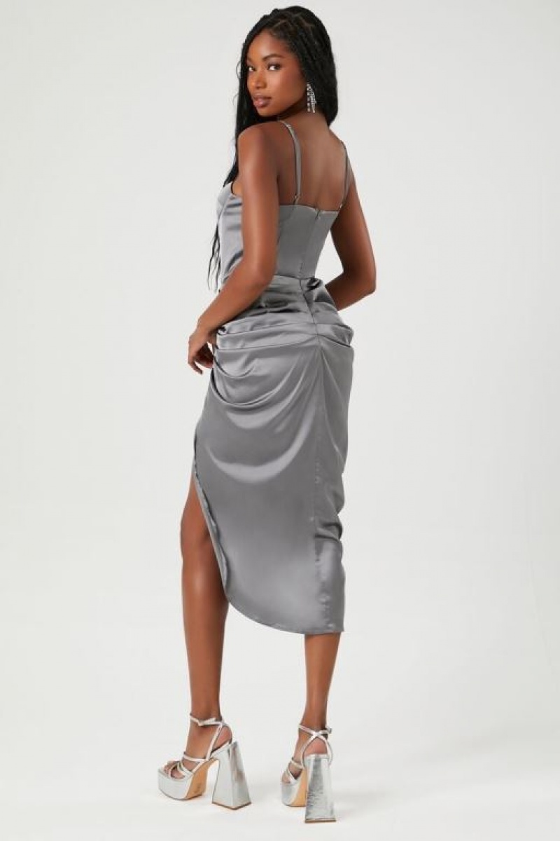 Vestido Forever 21 Satin Ruched Bustier Midi Mujer Gris | Uh2BSXRIs9D