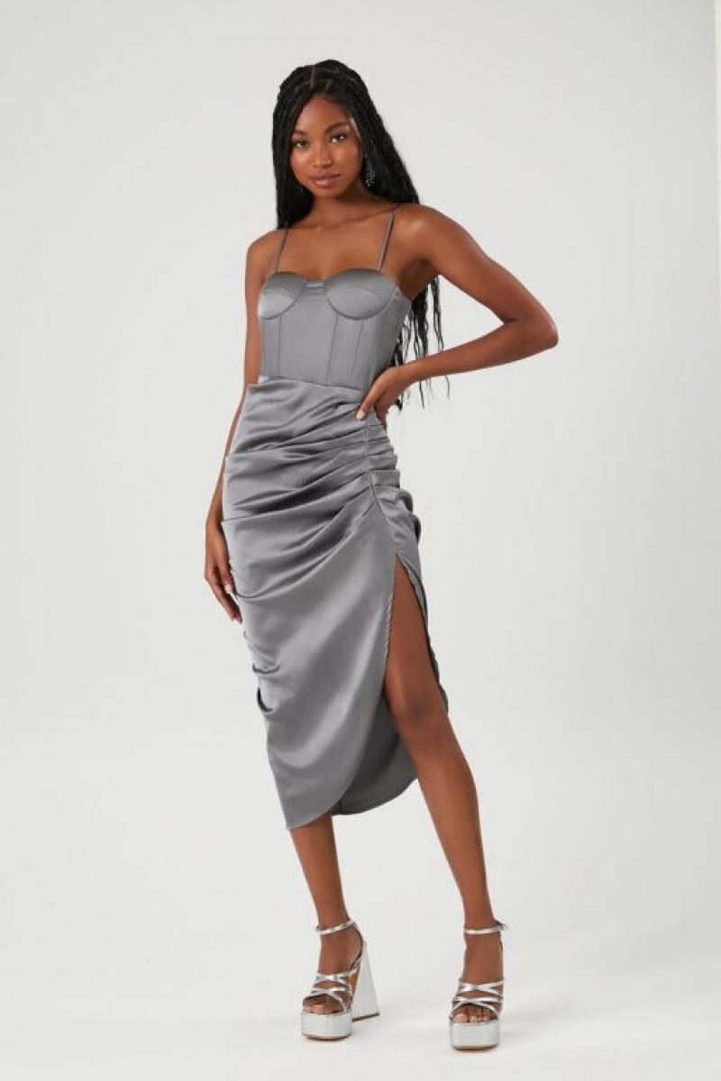 Vestido Forever 21 Satin Ruched Bustier Midi Mujer Gris | Uh2BSXRIs9D