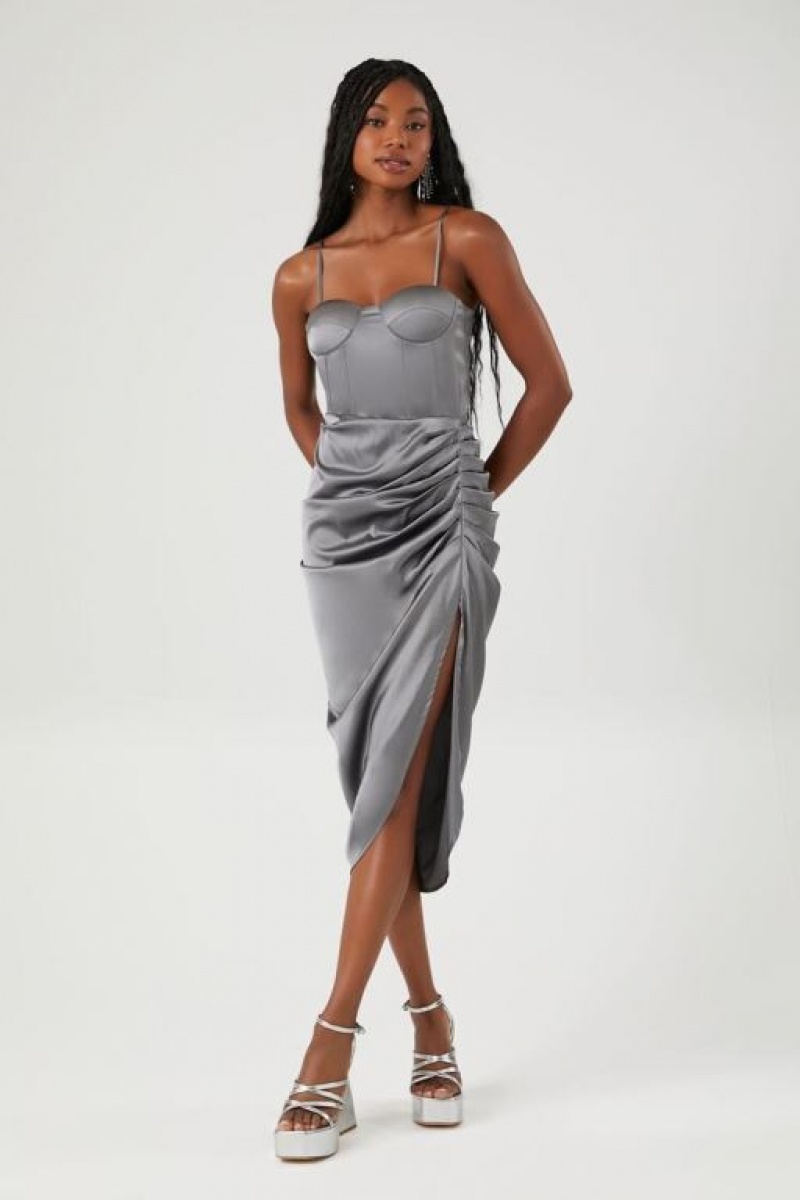 Vestido Forever 21 Satin Ruched Bustier Midi Mujer Gris | Uh2BSXRIs9D