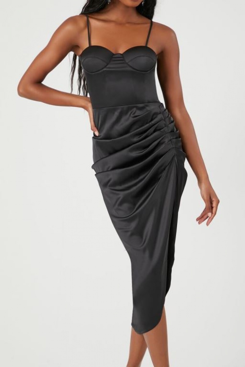 Vestido Forever 21 Satin Ruched Bustier Midi Mujer Negras | 2z9xMIaYCAy