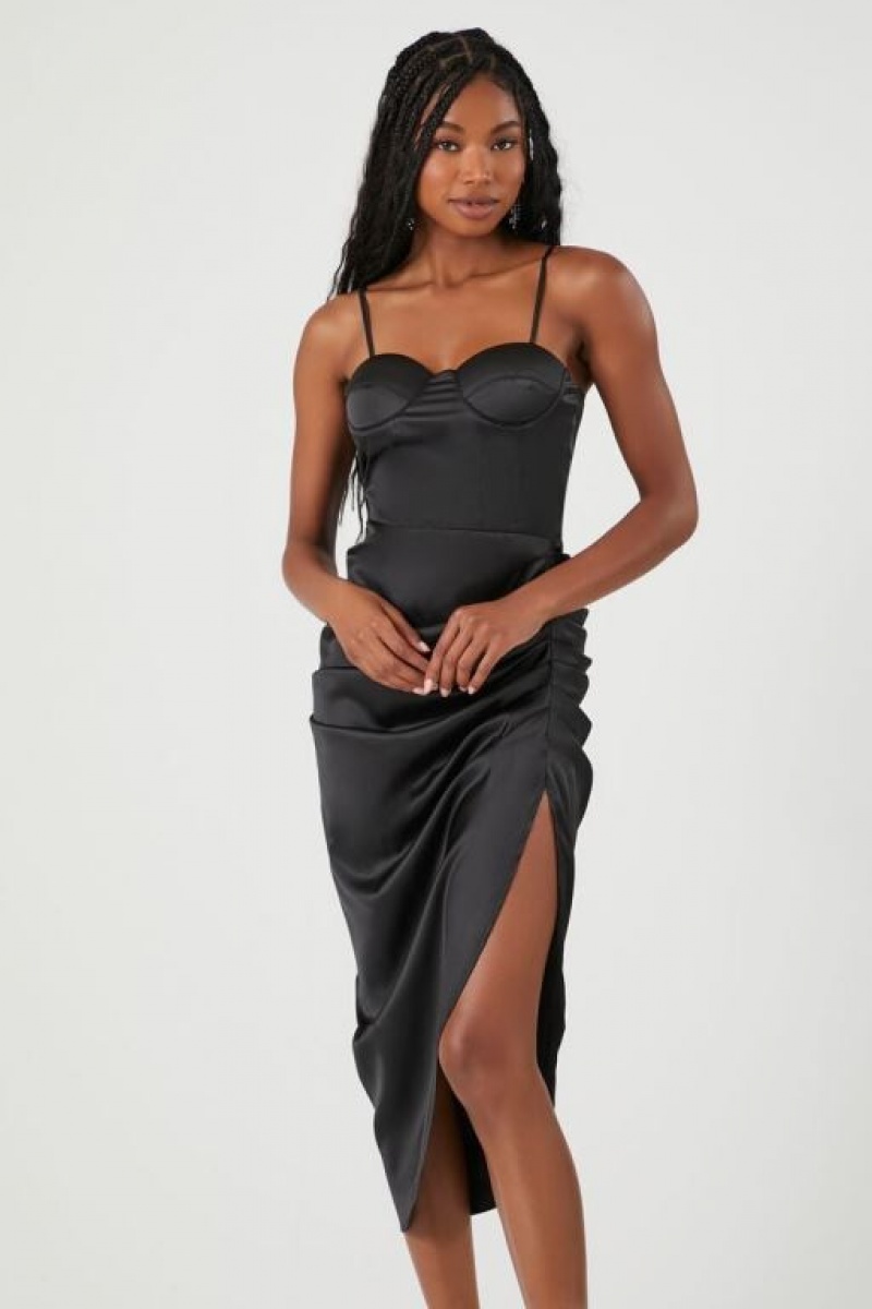 Vestido Forever 21 Satin Ruched Bustier Midi Mujer Negras | 2z9xMIaYCAy