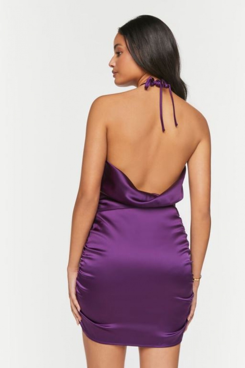 Vestido Forever 21 Satin Ruched Halter Mini Mujer Eggplant | s3D2Sg8IPnC