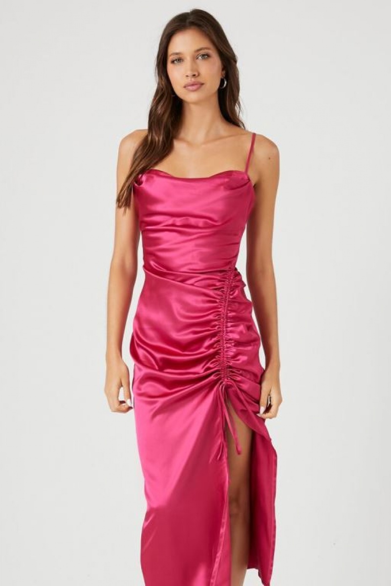 Vestido Forever 21 Satin Ruched Midi Mujer Rosas | wKWTonL7gZy