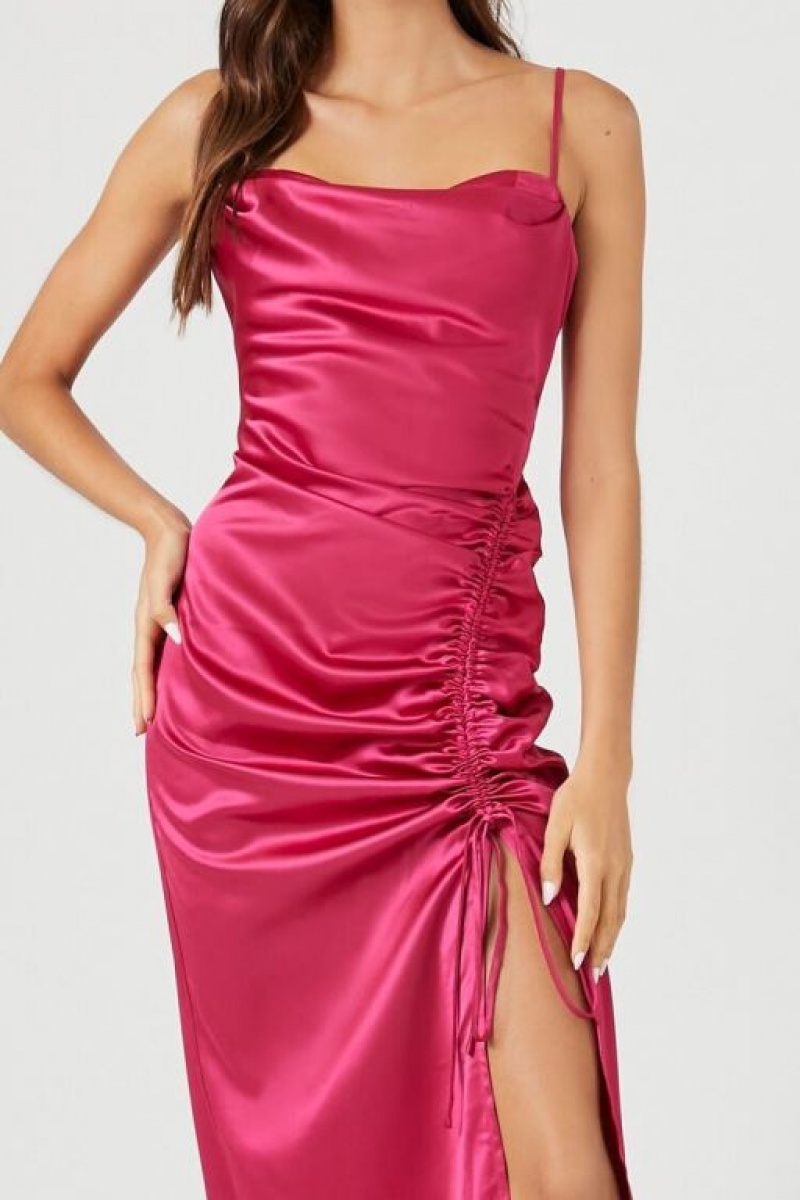 Vestido Forever 21 Satin Ruched Midi Mujer Rosas | wKWTonL7gZy