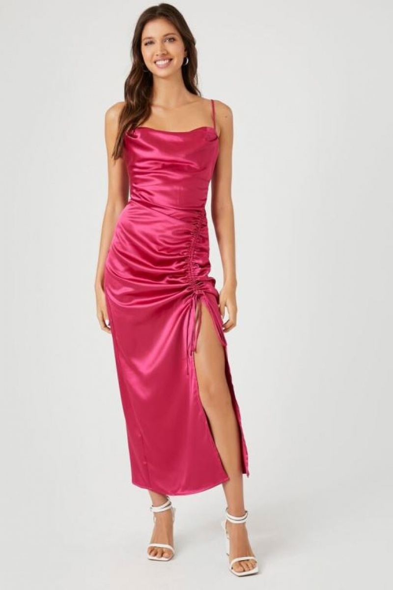 Vestido Forever 21 Satin Ruched Midi Mujer Rosas | wKWTonL7gZy