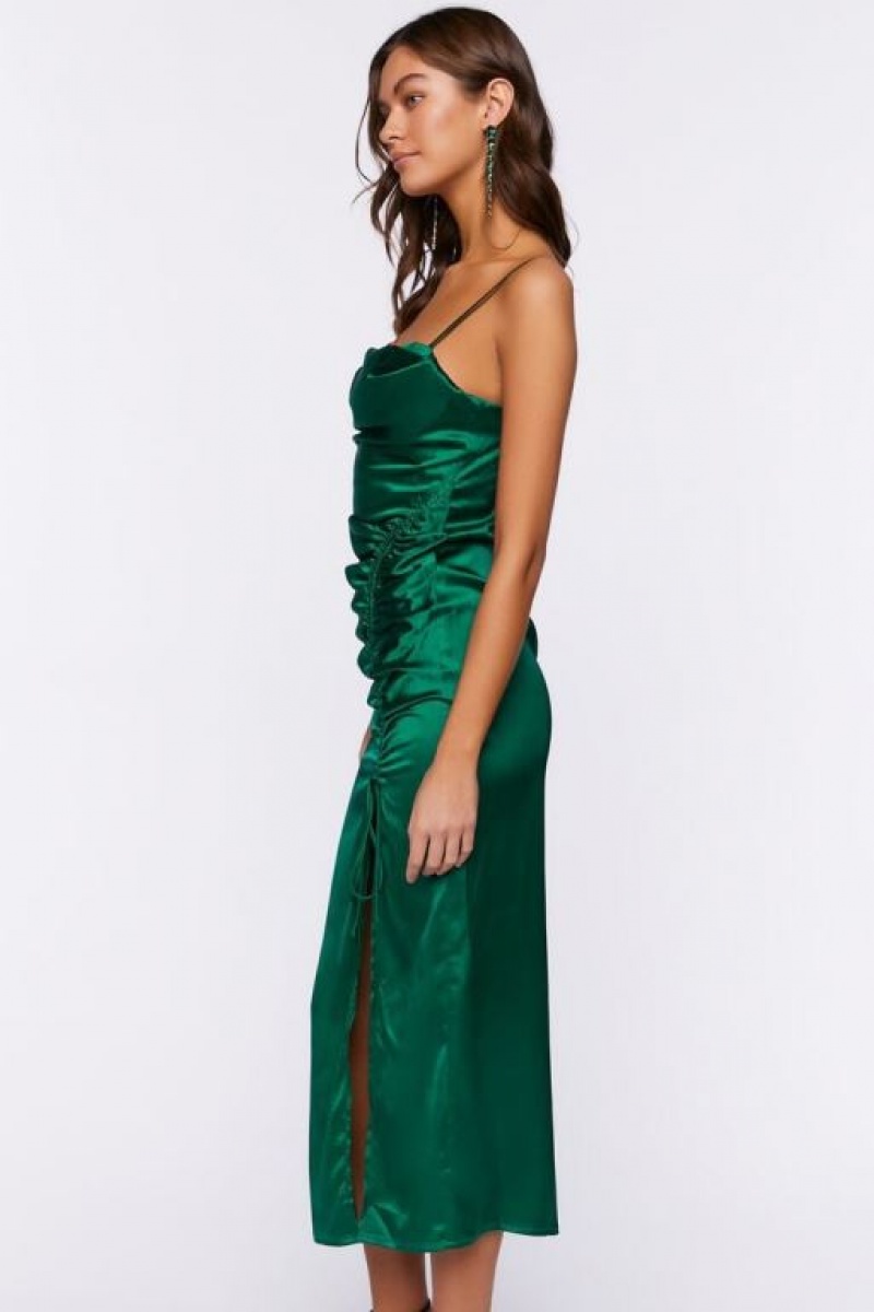 Vestido Forever 21 Satin Ruched Midi Mujer Verde | FxLeLpwJU4Q