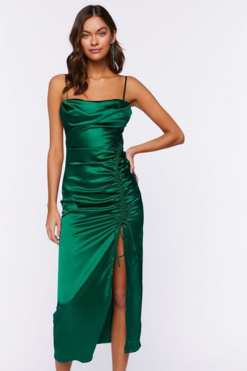 Vestido Forever 21 Satin Ruched Midi Mujer Verde | FxLeLpwJU4Q