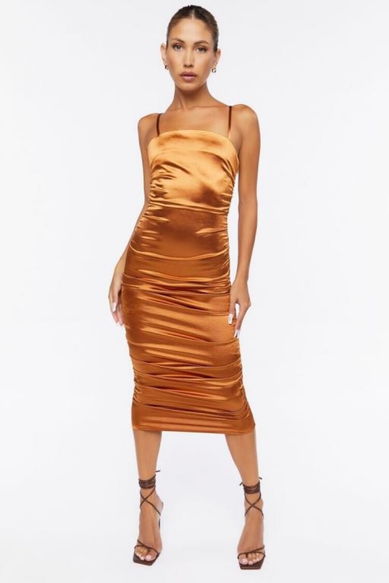 Vestido Forever 21 Satin Ruched Midi Mujer Almond | g3rCALhpnLj