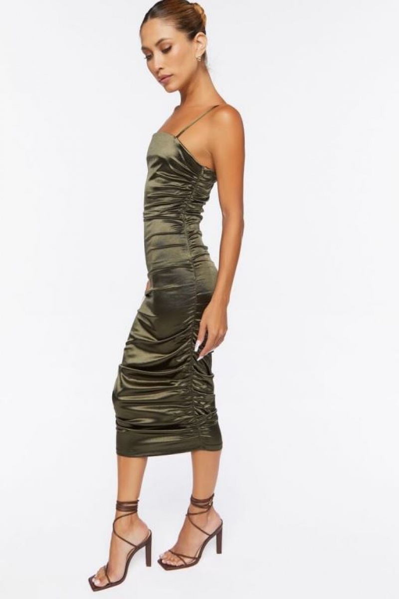 Vestido Forever 21 Satin Ruched Midi Mujer Gris Verde | UFvbcn7yNdf