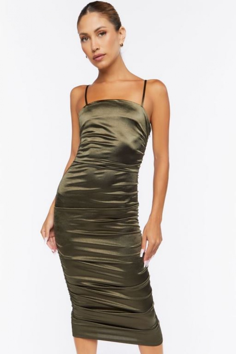 Vestido Forever 21 Satin Ruched Midi Mujer Gris Verde | UFvbcn7yNdf