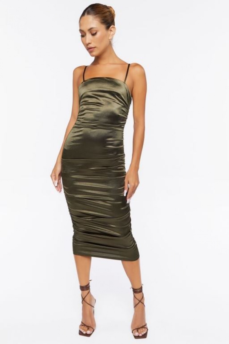 Vestido Forever 21 Satin Ruched Midi Mujer Gris Verde | UFvbcn7yNdf