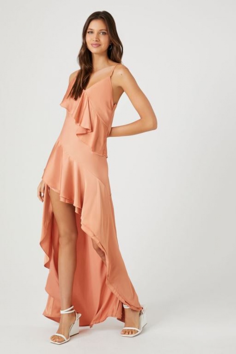 Vestido Forever 21 Satin Ruffle High Low Mujer Toasted Almond | jCN6rvMX5Yt