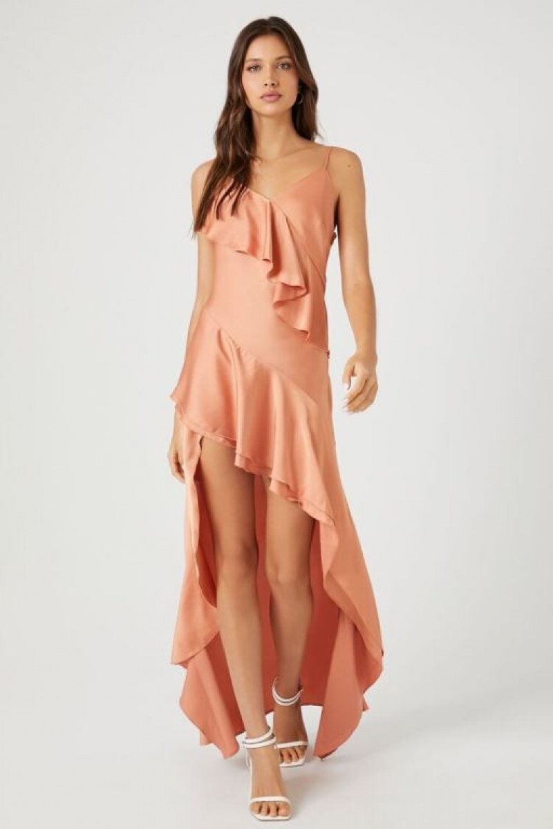 Vestido Forever 21 Satin Ruffle High Low Mujer Toasted Almond | jCN6rvMX5Yt