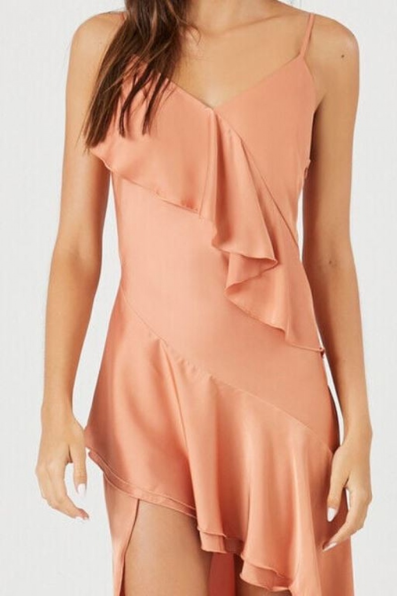 Vestido Forever 21 Satin Ruffle High Low Mujer Toasted Almond | jCN6rvMX5Yt