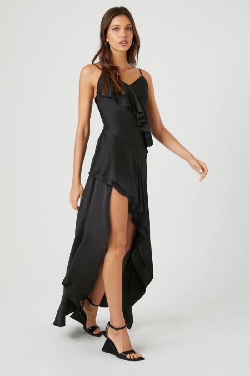 Vestido Forever 21 Satin Ruffle High Low Mujer Negras | 6SvwzZgLp7e