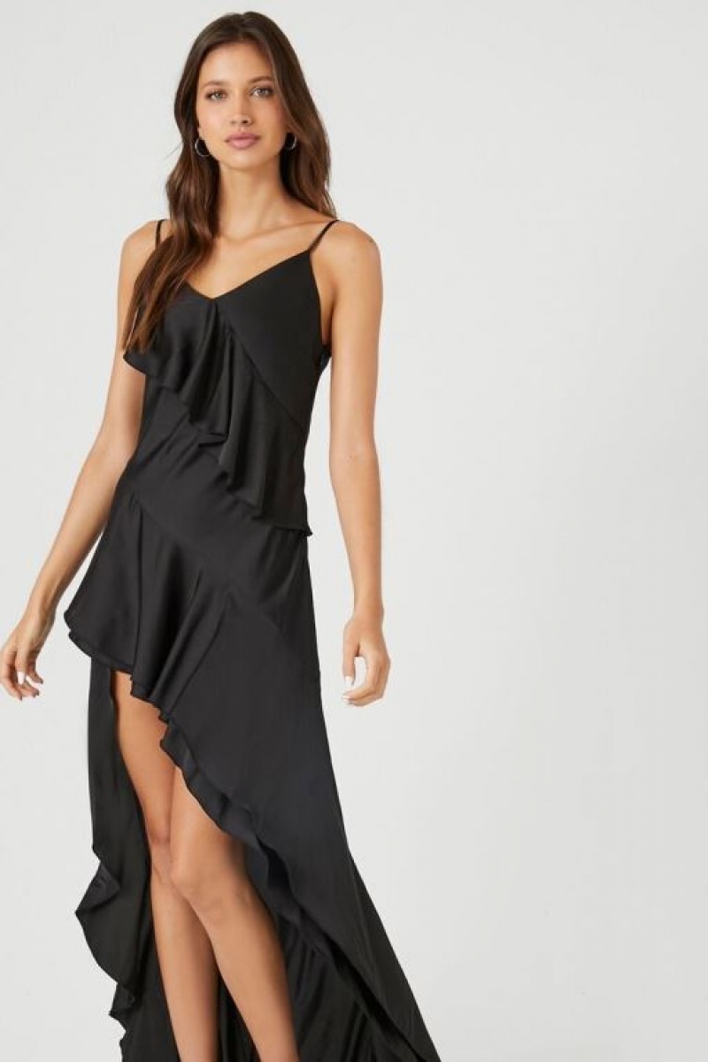 Vestido Forever 21 Satin Ruffle High Low Mujer Negras | 6SvwzZgLp7e