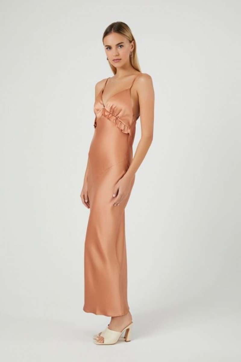 Vestido Forever 21 Satin Ruffle Trim Maxi Mujer Toasted Almond | JQvsdsQhUTa