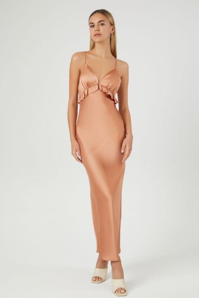 Vestido Forever 21 Satin Ruffle Trim Maxi Mujer Toasted Almond | JQvsdsQhUTa