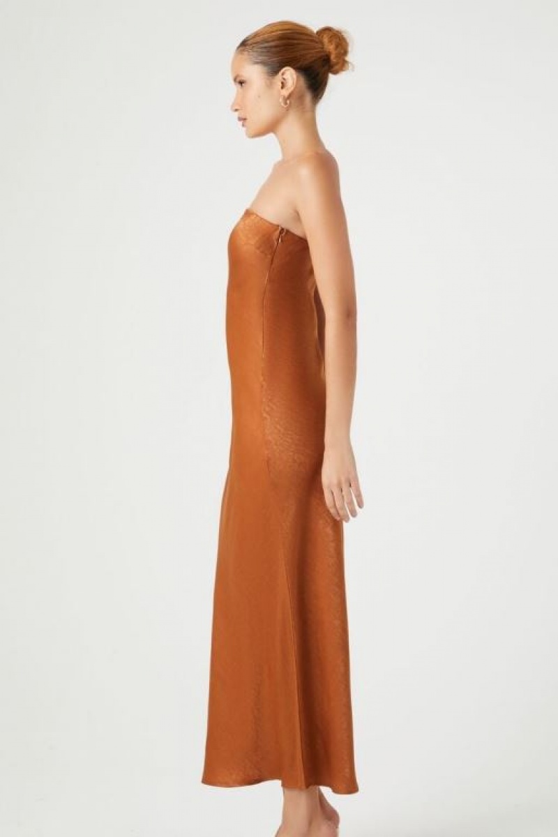 Vestido Forever 21 Satin Strapless Maxi Mujer Carob | XTpvU388jXQ