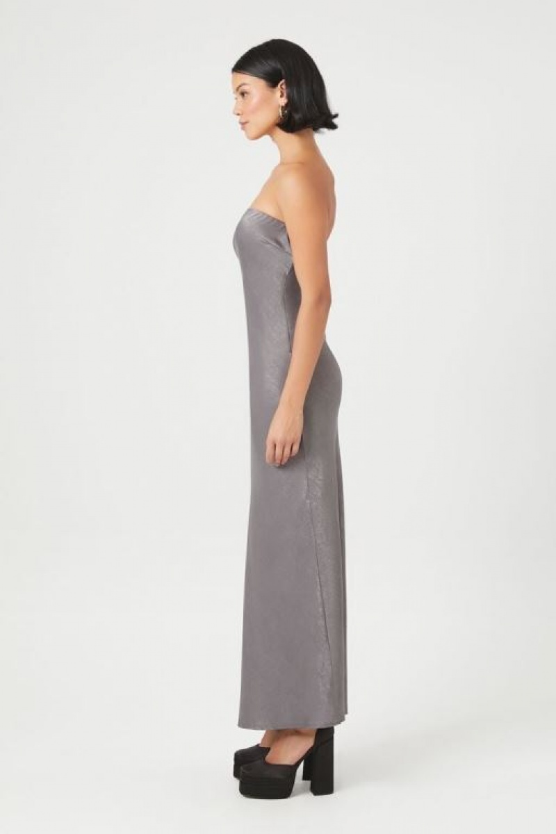 Vestido Forever 21 Satin Strapless Maxi Mujer Gris | IAzoAWRW6xN