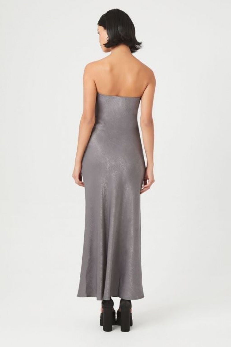 Vestido Forever 21 Satin Strapless Maxi Mujer Gris | IAzoAWRW6xN