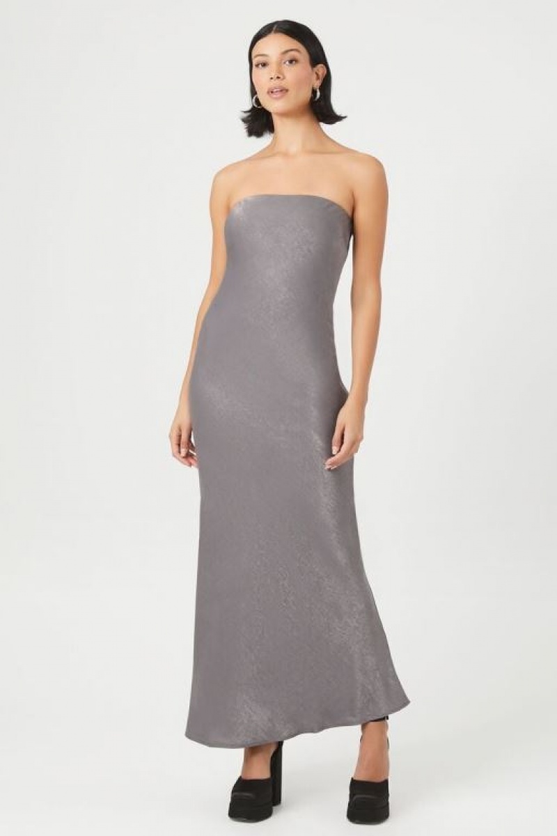 Vestido Forever 21 Satin Strapless Maxi Mujer Gris | IAzoAWRW6xN