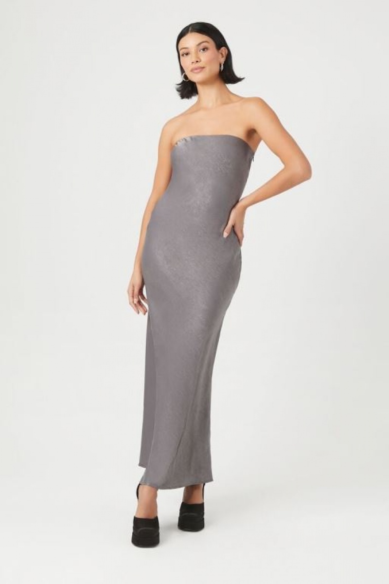 Vestido Forever 21 Satin Strapless Maxi Mujer Gris | IAzoAWRW6xN