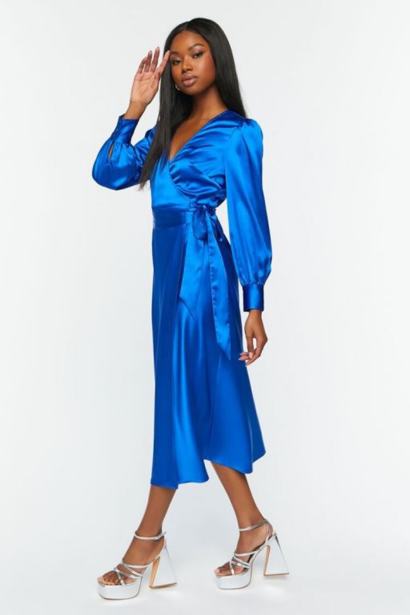 Vestido Forever 21 Satin Surplice Wrap Midi Mujer Azul Real | 3O5ip2xMh5X