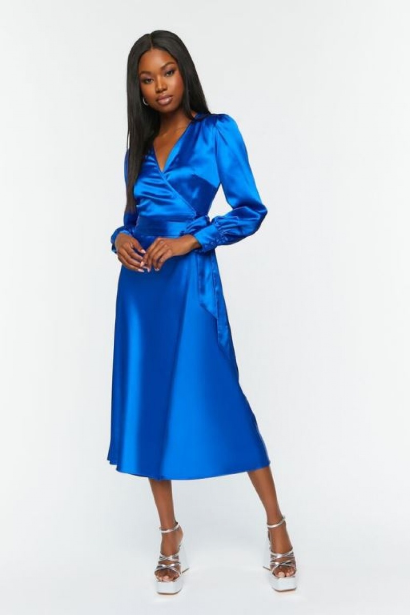 Vestido Forever 21 Satin Surplice Wrap Midi Mujer Azul Real | 3O5ip2xMh5X