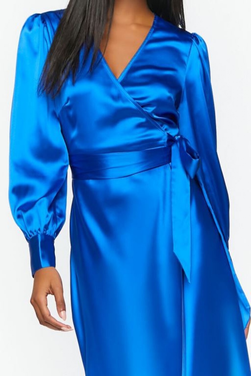 Vestido Forever 21 Satin Surplice Wrap Midi Mujer Azul Real | 3O5ip2xMh5X