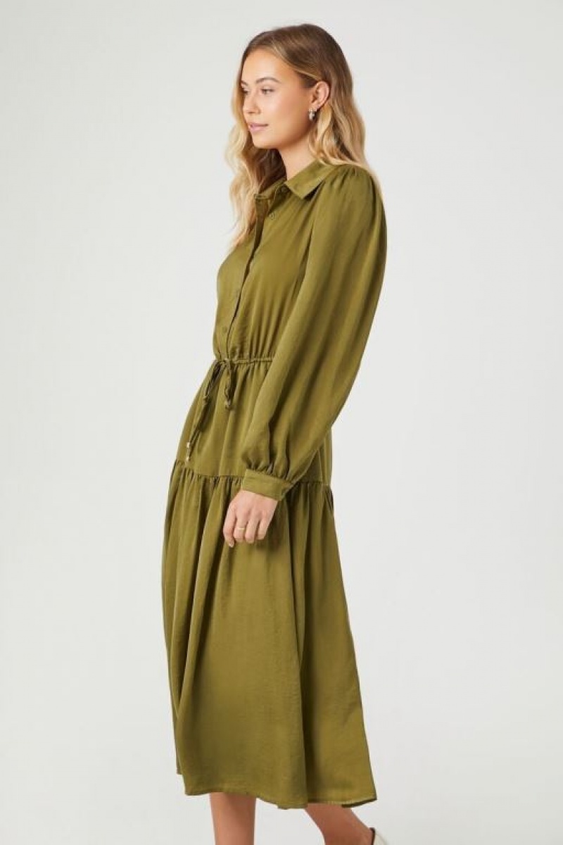 Vestido Forever 21 Satin Tie Front Midi Mujer Verde Oliva | wxkb6mTEMVY