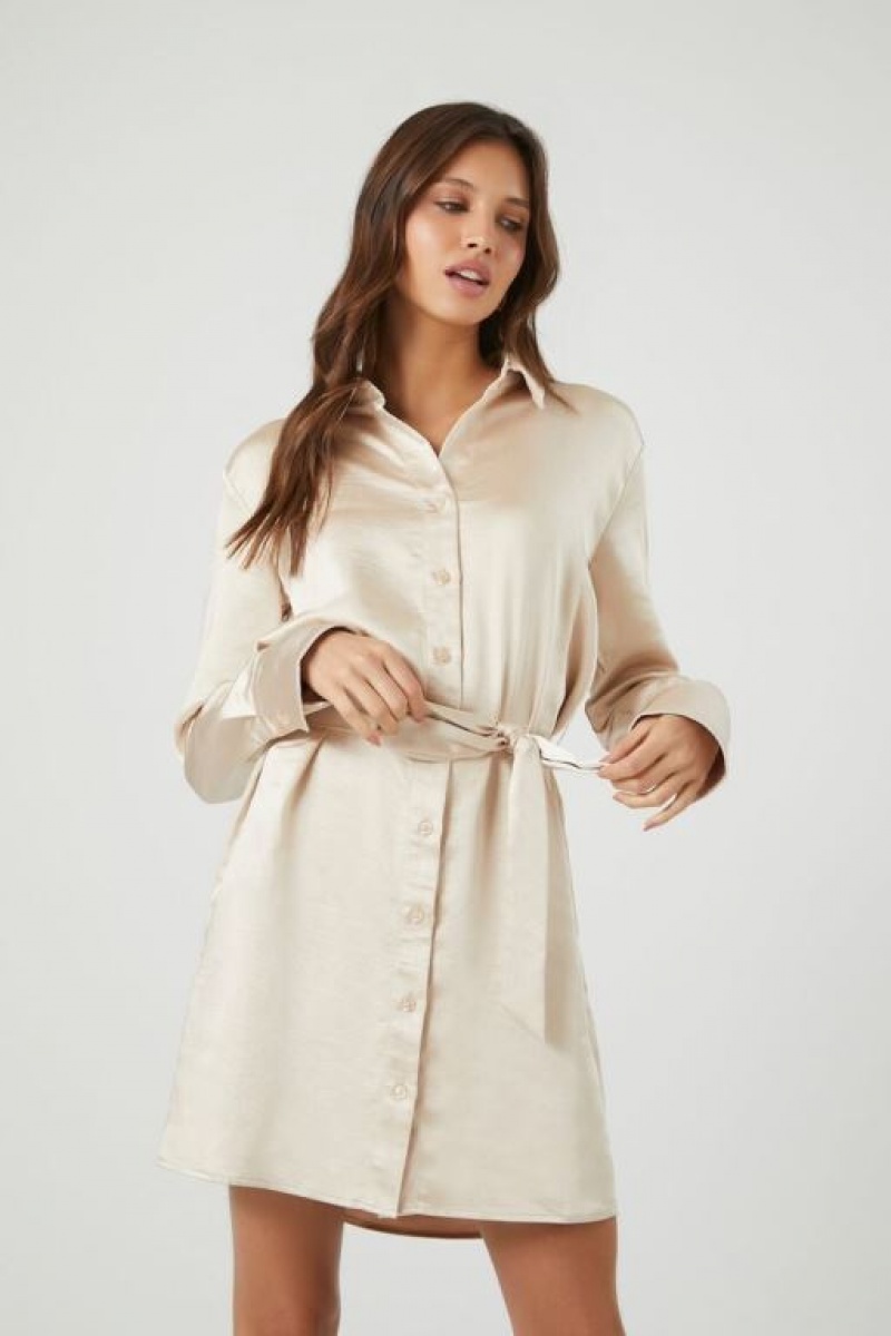 Vestido Forever 21 Satin Tie Waist Mini Mujer Creme | lnpg9wGwxpK