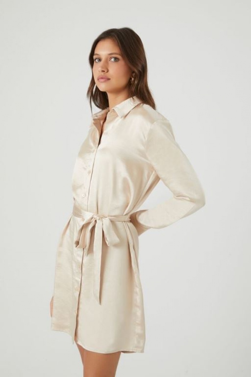 Vestido Forever 21 Satin Tie Waist Mini Mujer Creme | lnpg9wGwxpK