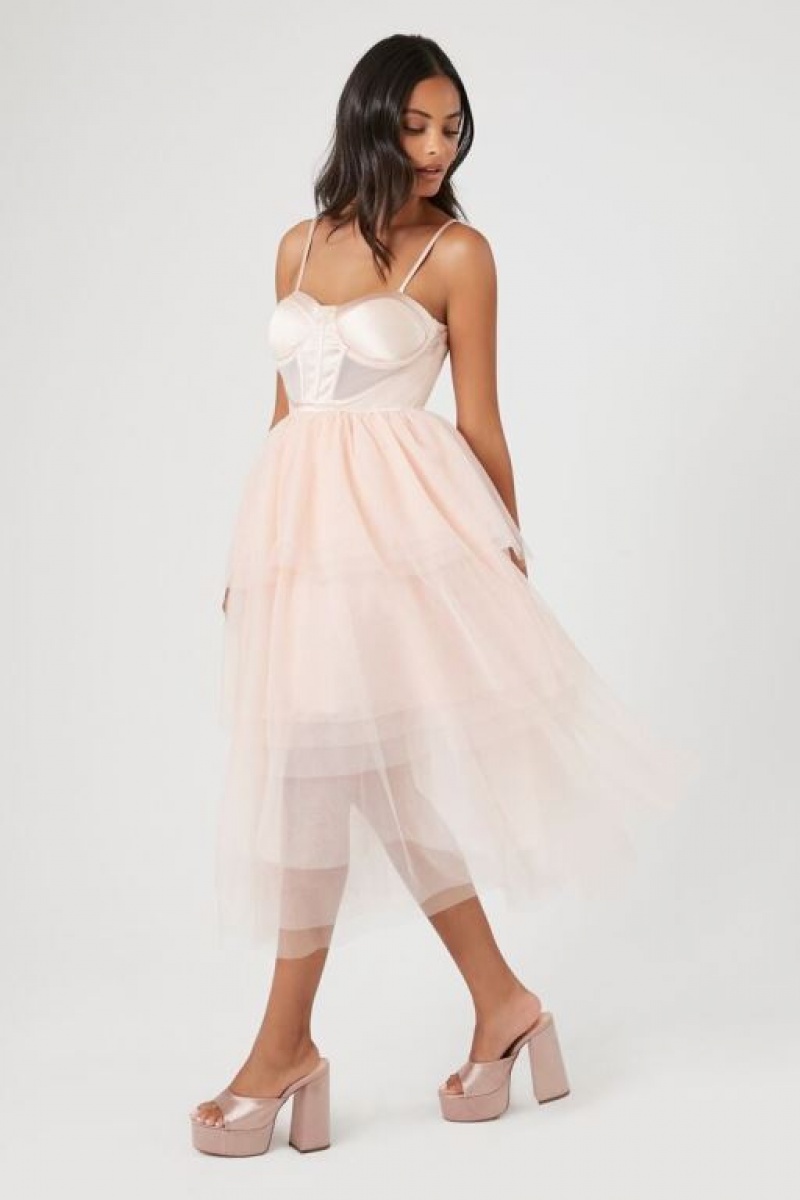 Vestido Forever 21 Satin Tiered Midi Mujer Champagne | P6raY5VPXD0