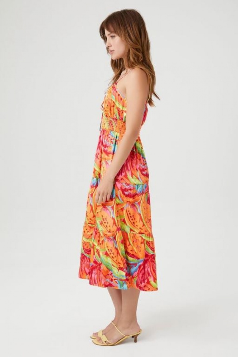 Vestido Forever 21 Satin Tropical Print Maxi Mujer Rosas Multicolor | 6Uzhnow1Rgg