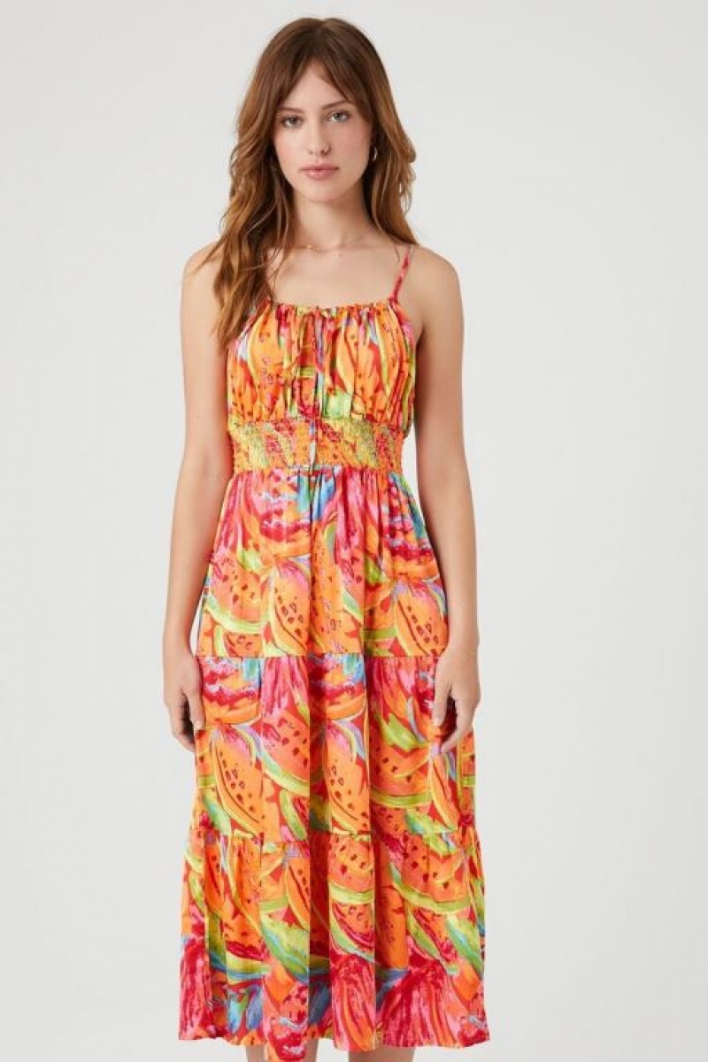 Vestido Forever 21 Satin Tropical Print Maxi Mujer Rosas Multicolor | 6Uzhnow1Rgg