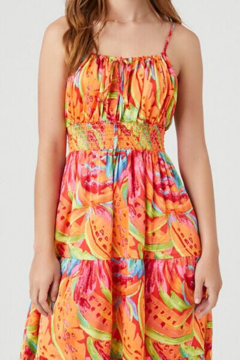 Vestido Forever 21 Satin Tropical Print Maxi Mujer Rosas Multicolor | 6Uzhnow1Rgg