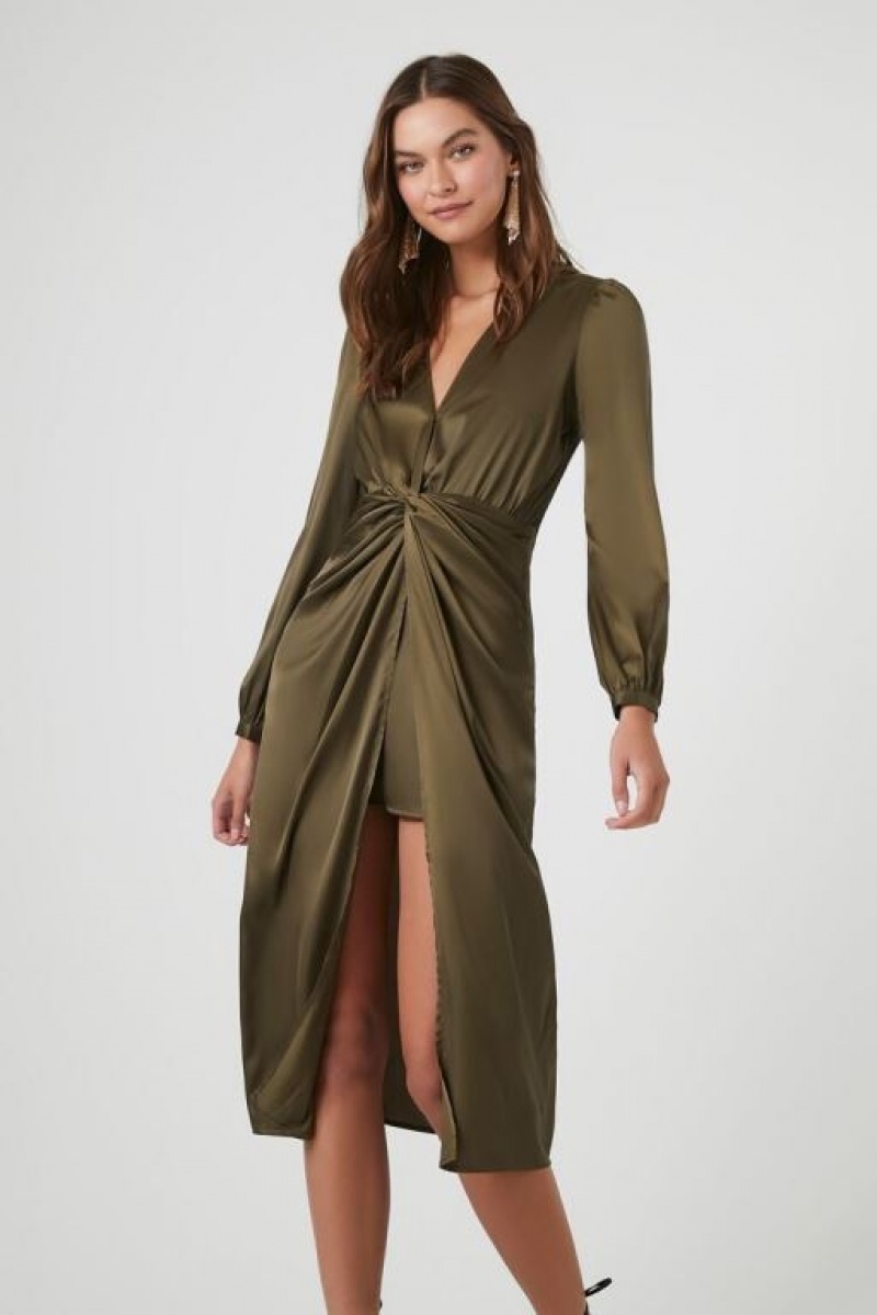 Vestido Forever 21 Satin Twist Front Midi Mujer Verde Oliva | 8jU8o3mHaRS